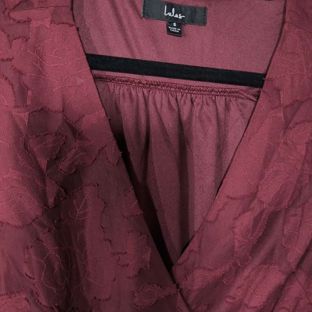 Lulus Blissfully Burgundy Jacquard Wrap Dress - Picture 4 of 5